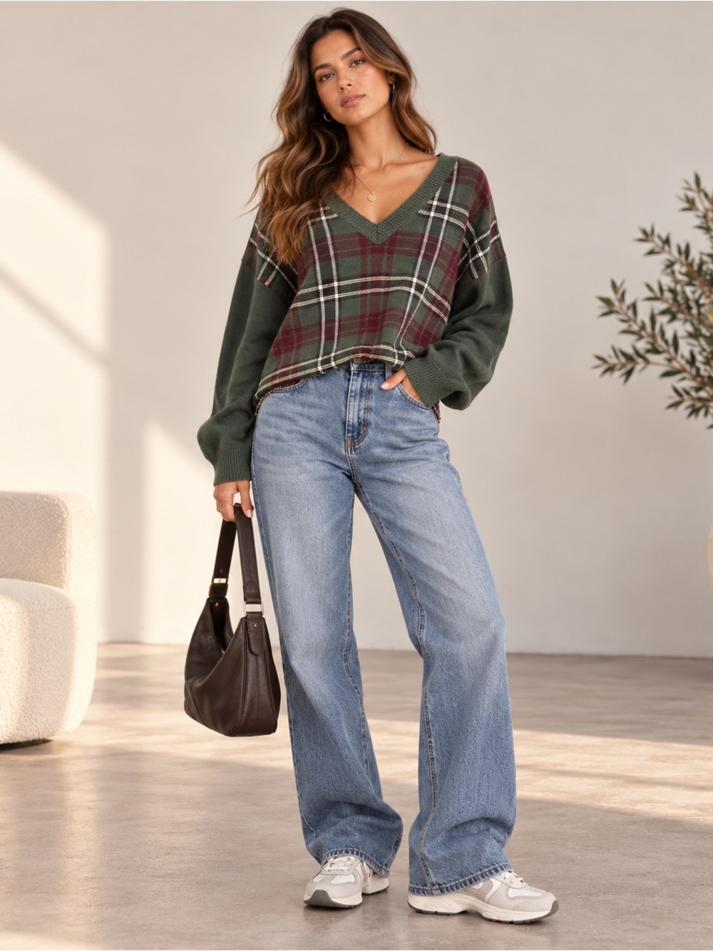 Vintage 90s Tommy Hilfiger Golf Plaid Cropped Sweater XXL Green Burgundy Preppy